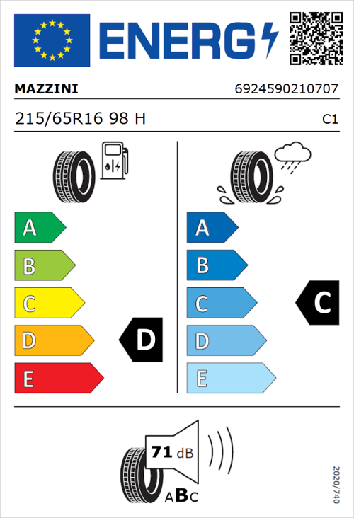 Tyre Label for Mazzini Ecosaver 215/65R16 98H