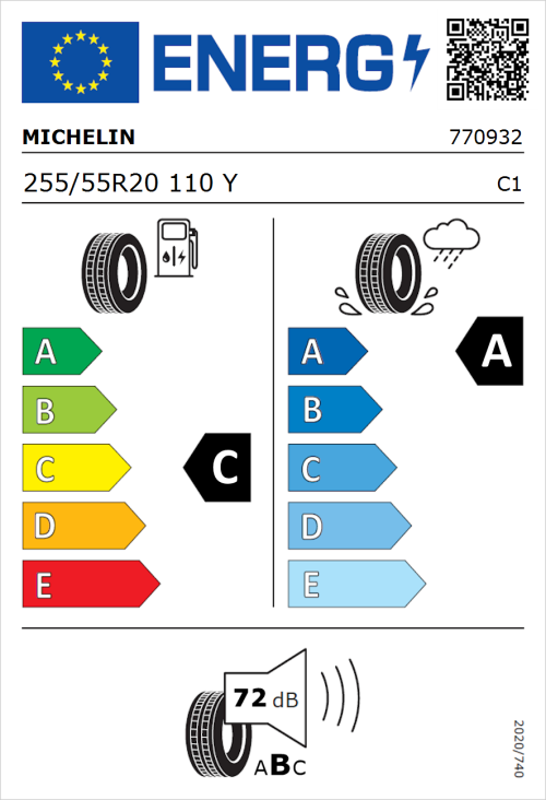 Tyre Label for Michelin Pilot Sport 4 255/55R20 110Y