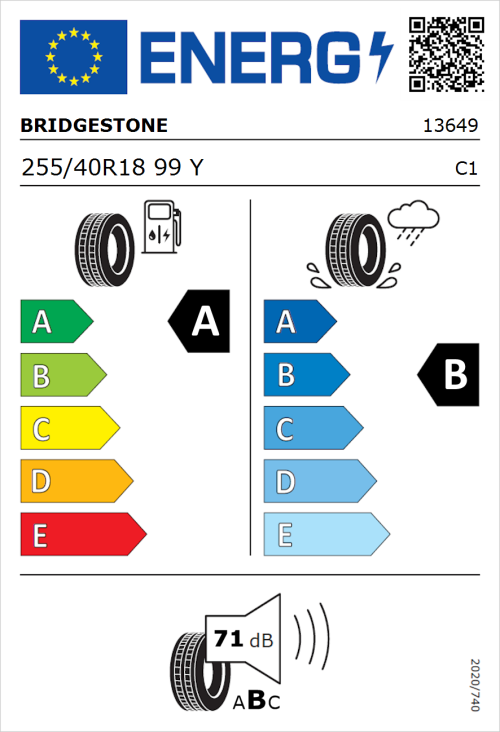 Tyre Label for Bridgestone Turanza T005 255/40R18 99Y