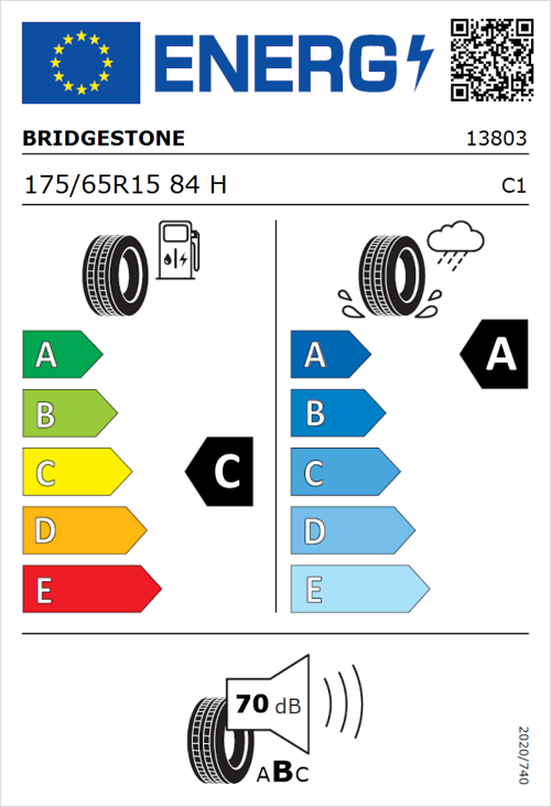 Tyre Label for Bridgestone Turanza T005 175/65R15 84H
