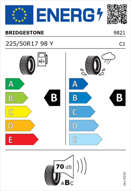 Tyre Label for Bridgestone Turanza T005 225/50R17 98Y