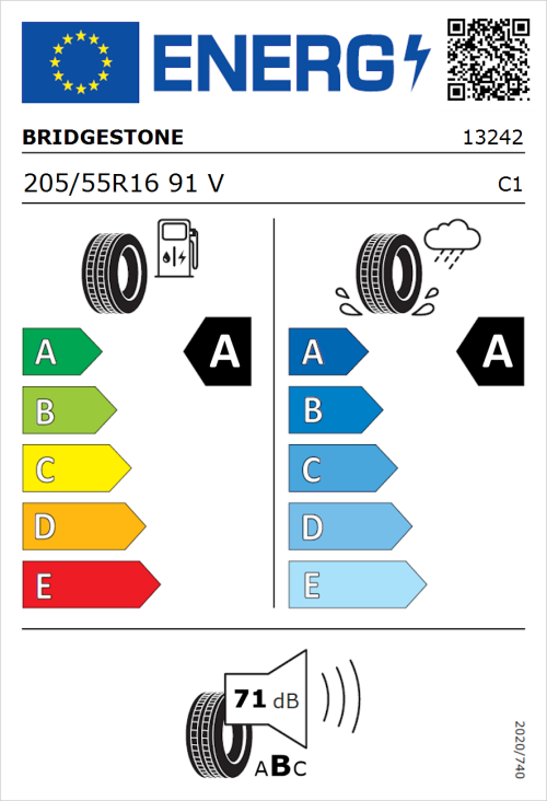 Tyre Label for Bridgestone Turanza T005 205/55R16 91V