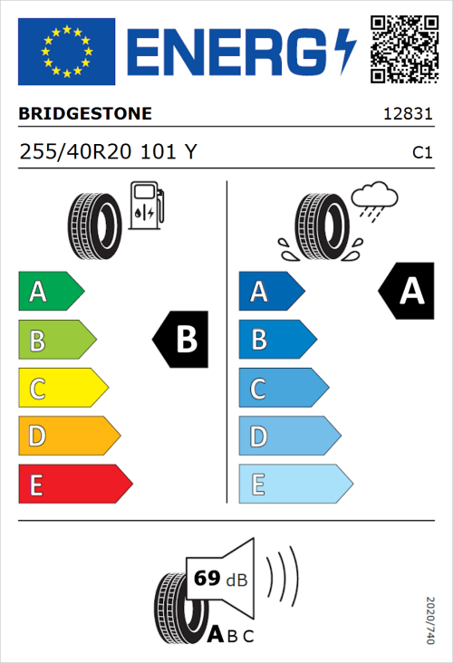 Tyre Label for Bridgestone Turanza T005 255/40R20 101Y