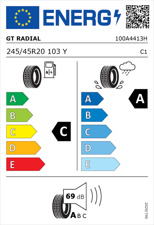 Tyre Label for GT Radial SportActive 2 245/45R20 103Y