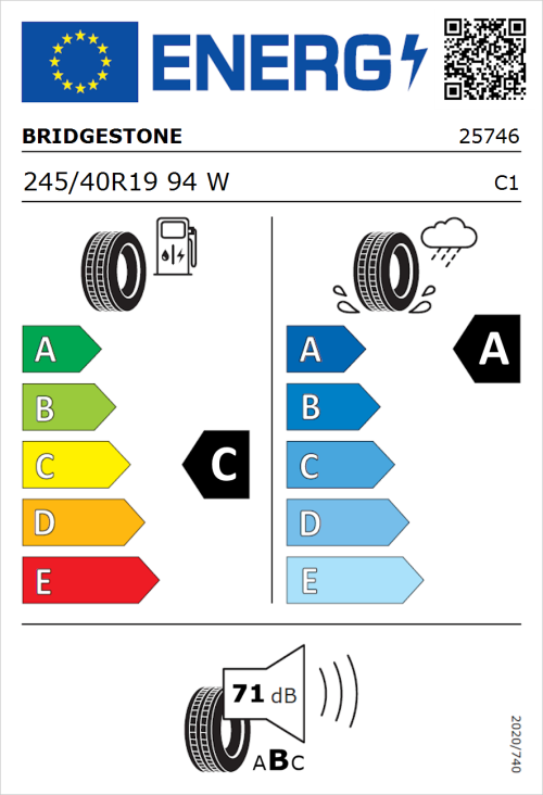 Tyre Label for Bridgestone Turanza T005 245/40R19 94W
