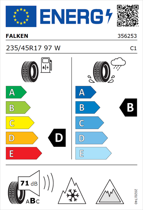 Tyre Label for Falken Euroall Season AS220 PRO 235/45R17 97W