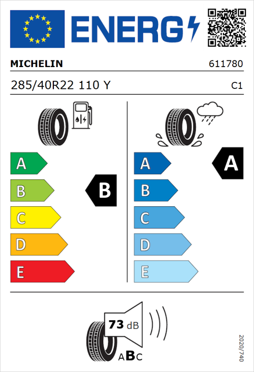 Tyre Label for Michelin Pilot Sport 4 SUV 285/40R22 110Y